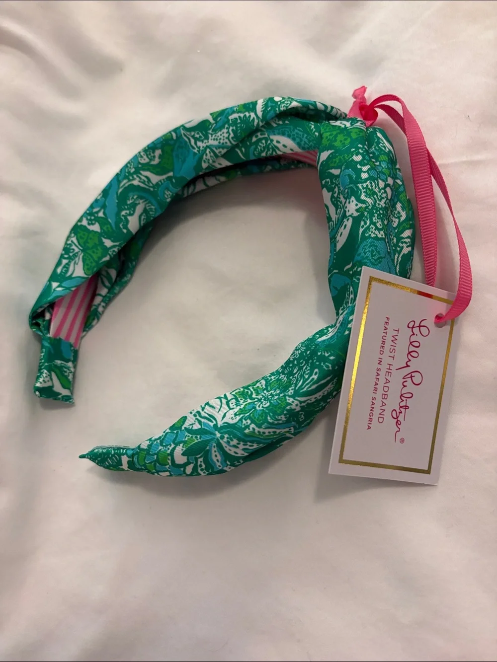 Lilly Pulitzer Turquoise Green Printed Twist Headband with Pink Accent
